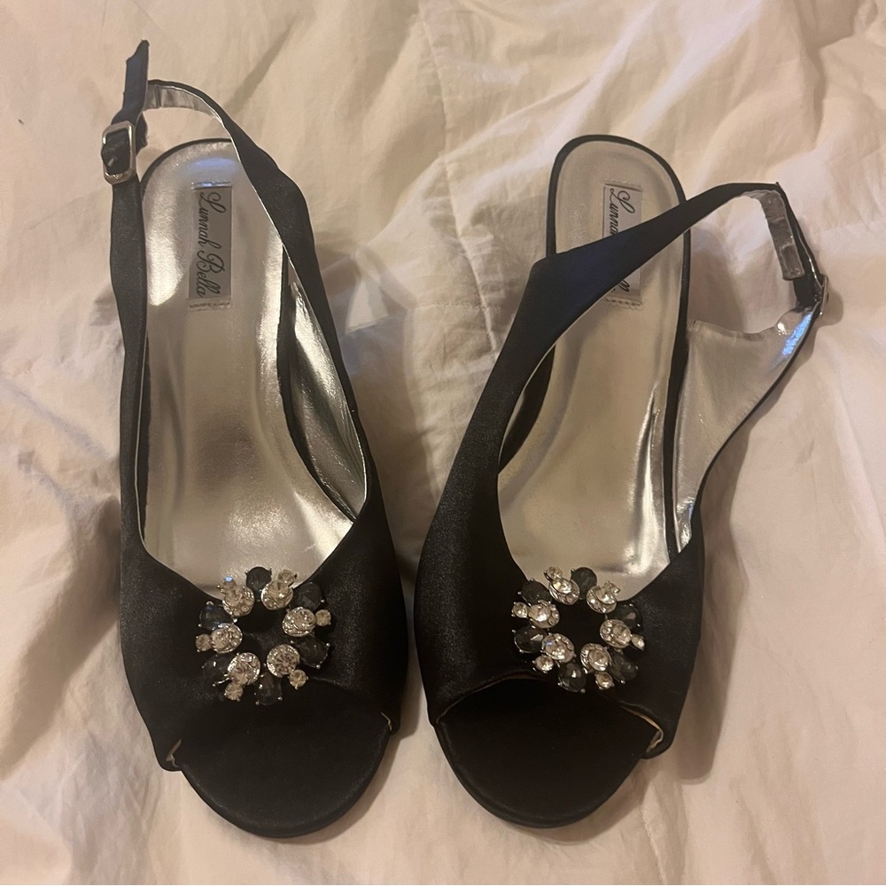 Black Satin Slingback Peep Toe Heels with Embellishments Sz 10Wide